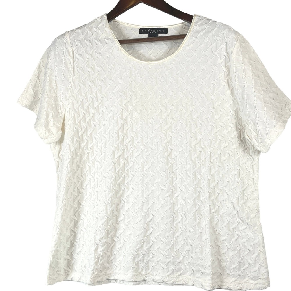 Prophecy Woman Textured Knit Top 1X Ivory Short Sleeve Stretch Plus Size Blouse
